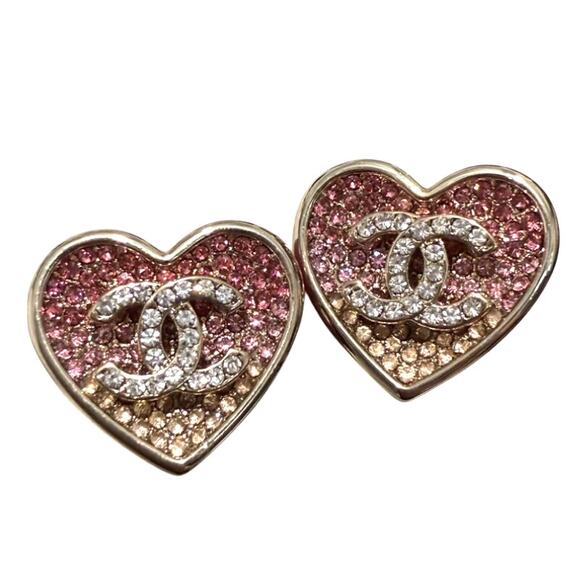 Chanel Gold Heart Gradient Ombre Pink Crystal Earrings Pre-Fall 2023 (CCXX029) - Picture 1 of 4